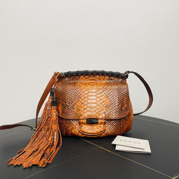 Gucci Python Leather Shoulder Bag Brown Medium