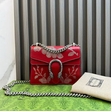 Gucci Dionysus Red Leather Embroidered Small Shoulder Bag