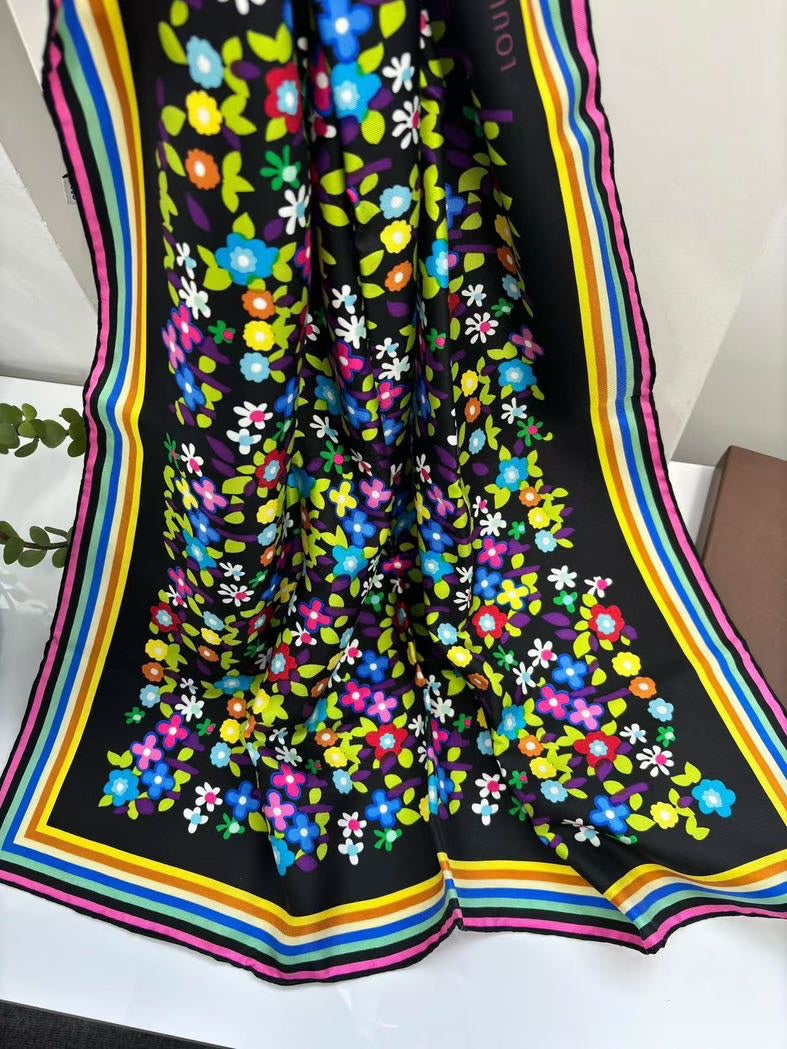 Louis Vuitton Floral Black Multicolor Scarf 70x70
