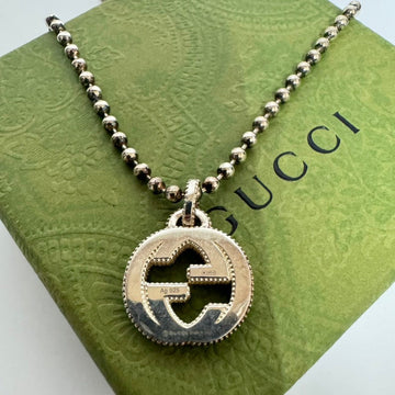 Gucci Silver Ag925 Beaded Necklace with Logo Pendant