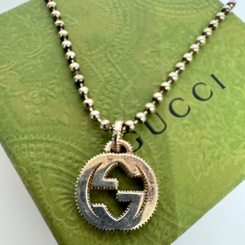 Gucci Silver Ag925 Beaded Necklace with Logo Pendant