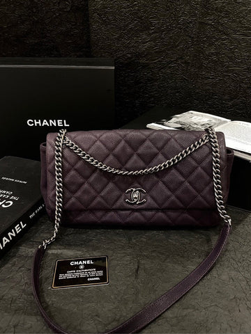 Chanel Purple Togo/epsom/caviar/clemence/callfskin/cowhide/lambskin Silver Buckle Airport Crossbody Bag With Card