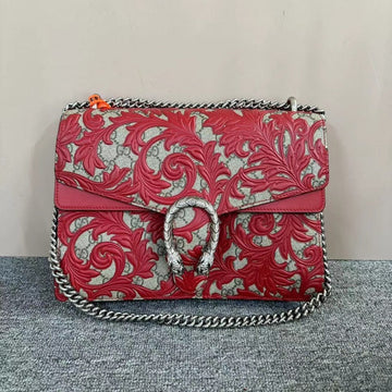 Gucci Dionysus Red Beige Leather Canvas Embroidered Shoulder Bag Medium