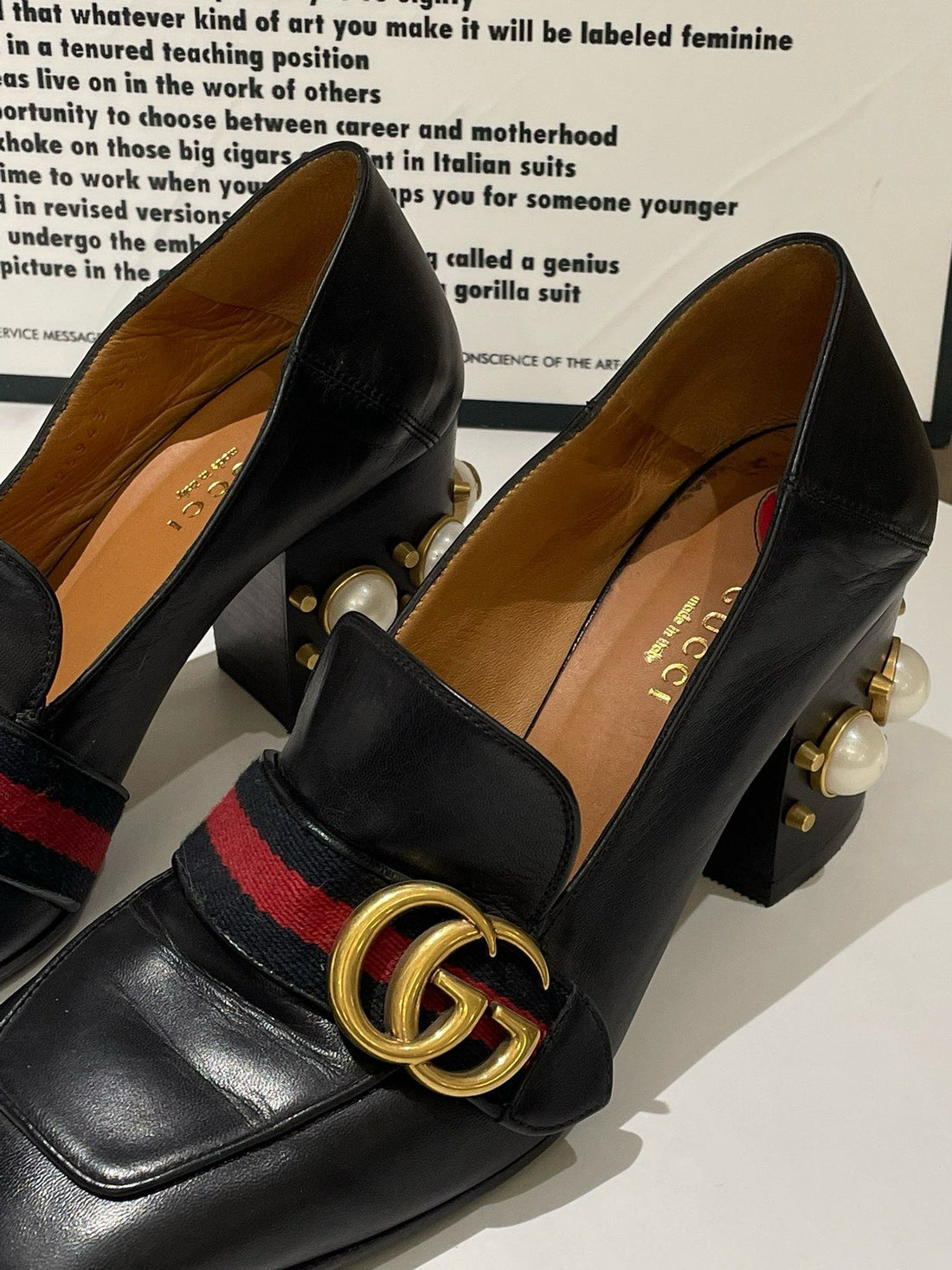 Gucci Black Leather High Heel Loafer with Pearl Detail Size 37.5