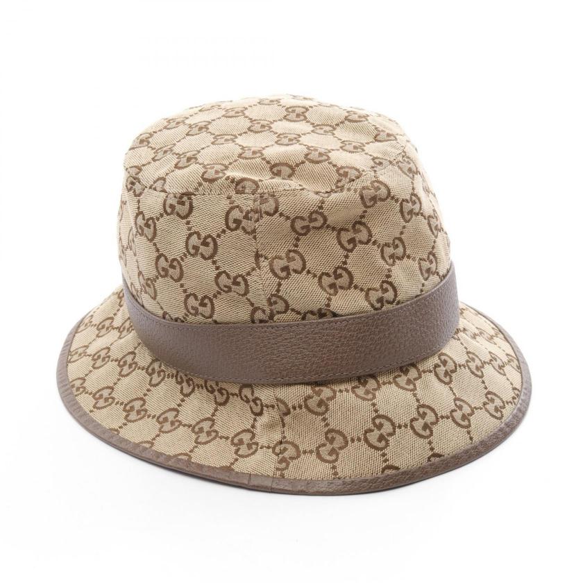 Gucci GG Marmont Beige Brown Canvas Leather Fedora Hat