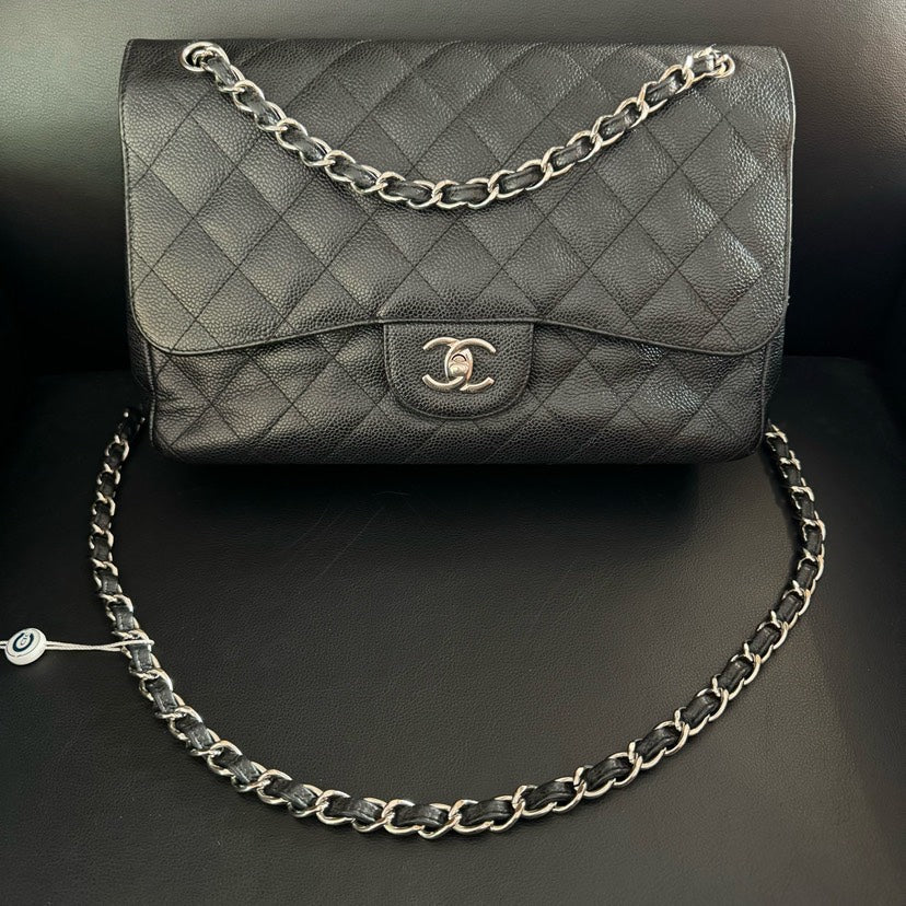 Top Quality Chanel CF Jumbo Caviar Black Quilted Leather Shoulder Bag 30x21x9cm