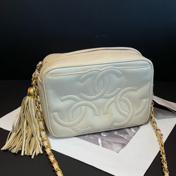 Top Quality Chanel  White Leather Camera Bag With Tassel Gold Chain Strap