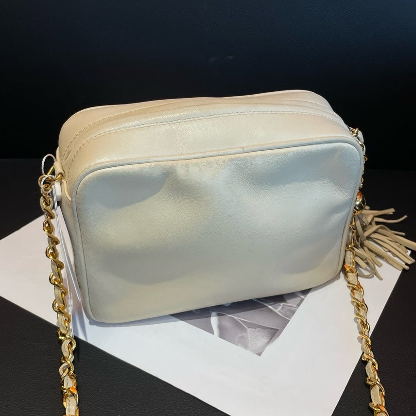 Chanel  White Leather Camera Bag With Tassel Gold Chain Strap