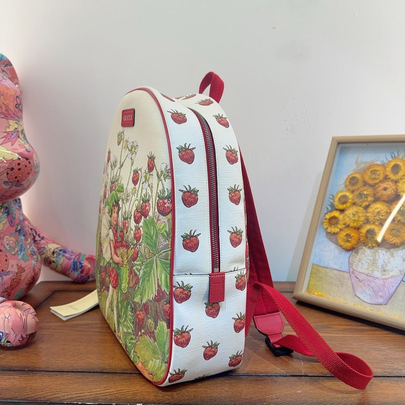 Gucci Strawberry Print Backpack White Canvas