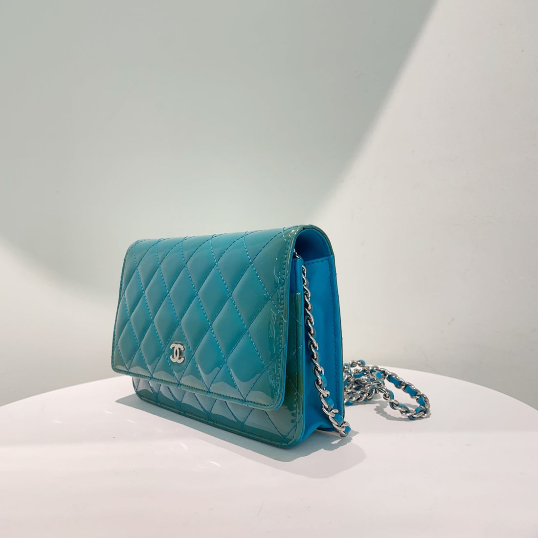 Top Quality Chanel WOC Bag Blue Patent Leather Crossbody Wallet on Chain