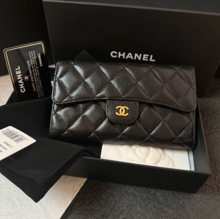 Top Quality Chanel Caviar Long Wallet Black Quilted Wallet Full Set with Card #22