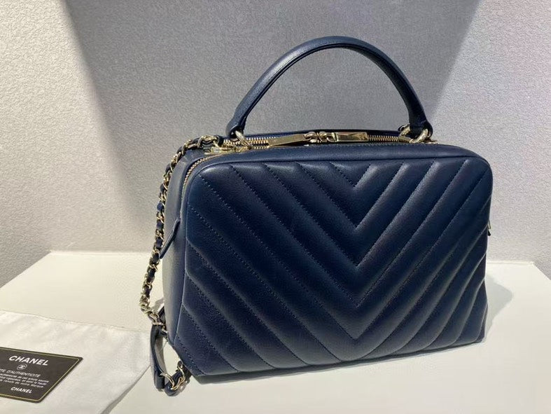 Top Quality Chanel Chevron Navy Blue Leather Shoulder Bag