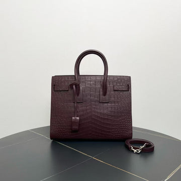 Saint Laurent Crocodile-Embossed Burgundy Sac De Jour Tote Bag