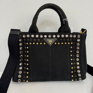 Preloved Prada Canapa Rhinestone Canvas Black 2way Bag FM9013