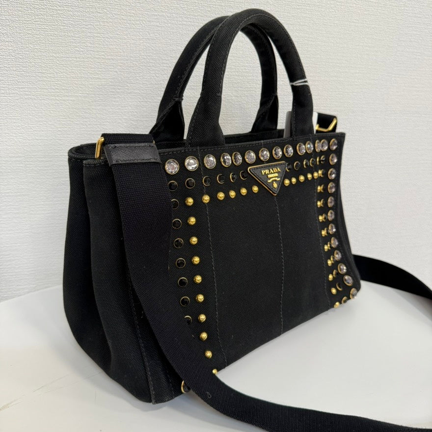 Preloved Prada Canapa Rhinestone Canvas Black 2way Bag FM9013