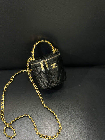 Top Quality Chanel Mini Bucket Bag - Black Leather with Gold Chain