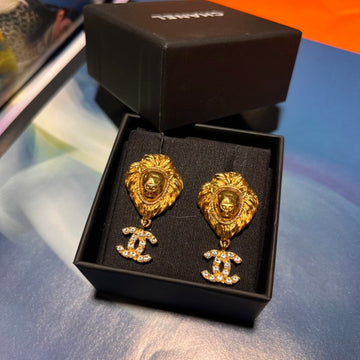Chanel Lion CC Logo Gold and Crystal Earrings