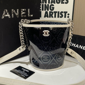 Chanel Camellia Coco Bucket Bag Small Black Patent Leather d Designer Handbag