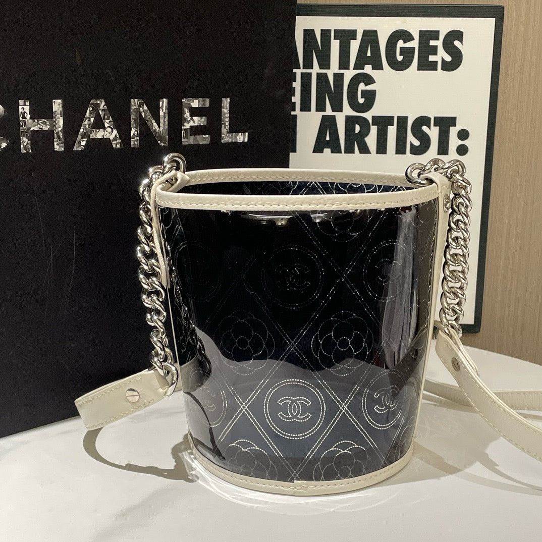 Chanel Camellia Coco Bucket Bag Small Black  Leather  Designer Handbag