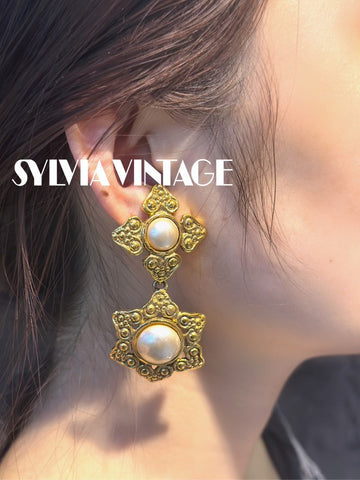 Chanel  Large Pearl Gold Flowers Ear Clips