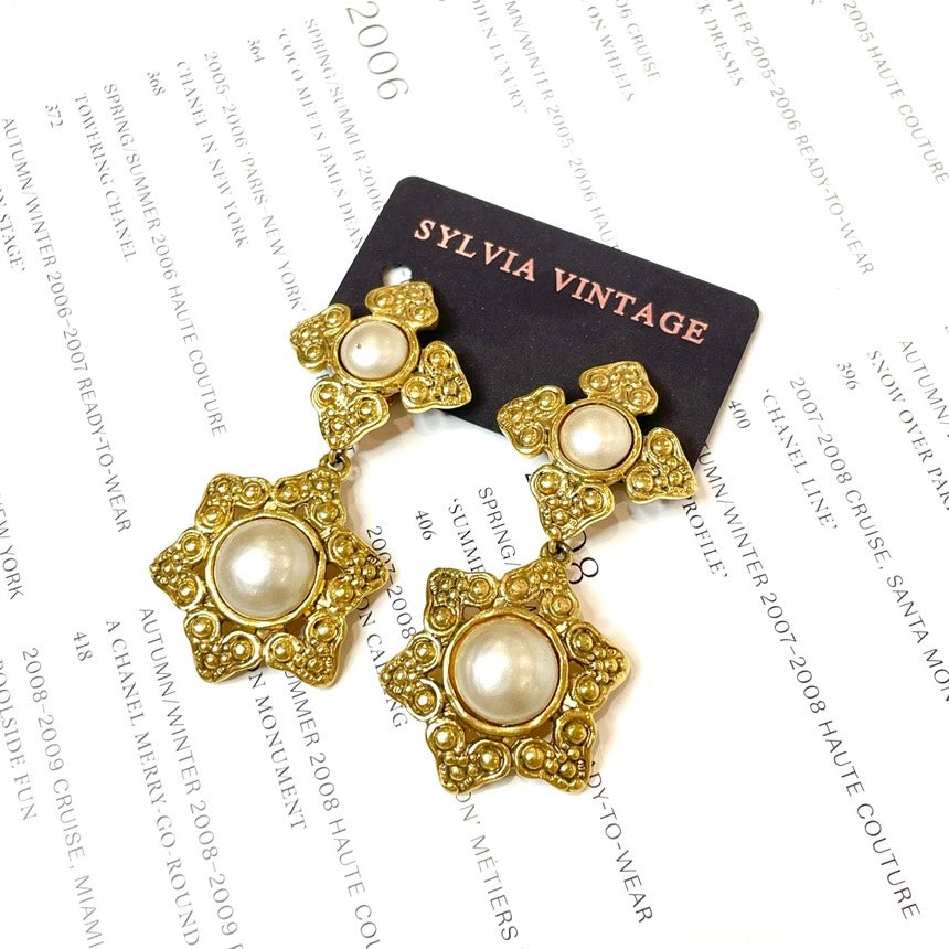 Chanel  Large Pearl Gold Flowers Ear Clips
