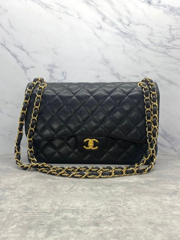 Preloved Chanel Classic Flap Black-Gold Jumbo Caviar Leather Shoulder Bag