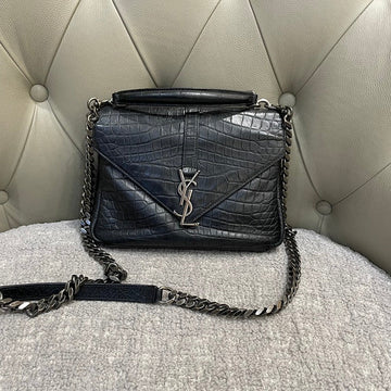 Saint Laurent Sunset Black Croc-Embossed Leather Shoulder Bag