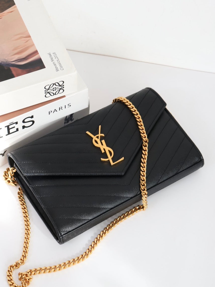 Preloved YSL Wallet on Chain (WOC) Black-Gold MM Bag #1SANEE
