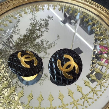 Preloved Chanel Quilted CC Logo Black Gold Earrings