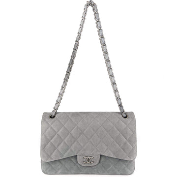 Jumbo Classic Double Flap Grey Caviar Leather Silver