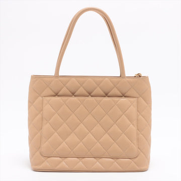 Medallion Tote Bag Beige Caviarskin Gold Metal