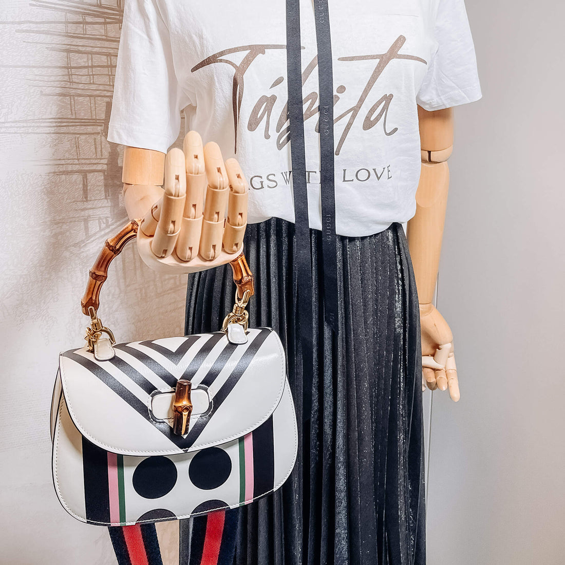 Bamboo 1947 Small Leather White & Black 2-Way Top-handle