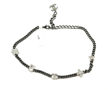 Chanel Brand New Silver  Crystal Charms Gunmetal Chain Choker Necklace