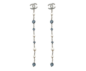 Top Quality Chanel Brand New Silver CC Blue Princess Crystal Pearl Super Long Earrings