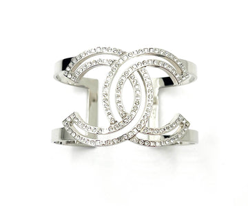 Top Quality Chanel Classic Silver CC Square Round Crystal Cutout Double Cuff Bracelet