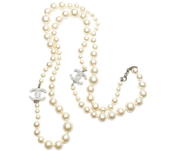 Top Quality Chanel Classic 2 Silver CC White Bead Pearl Necklace