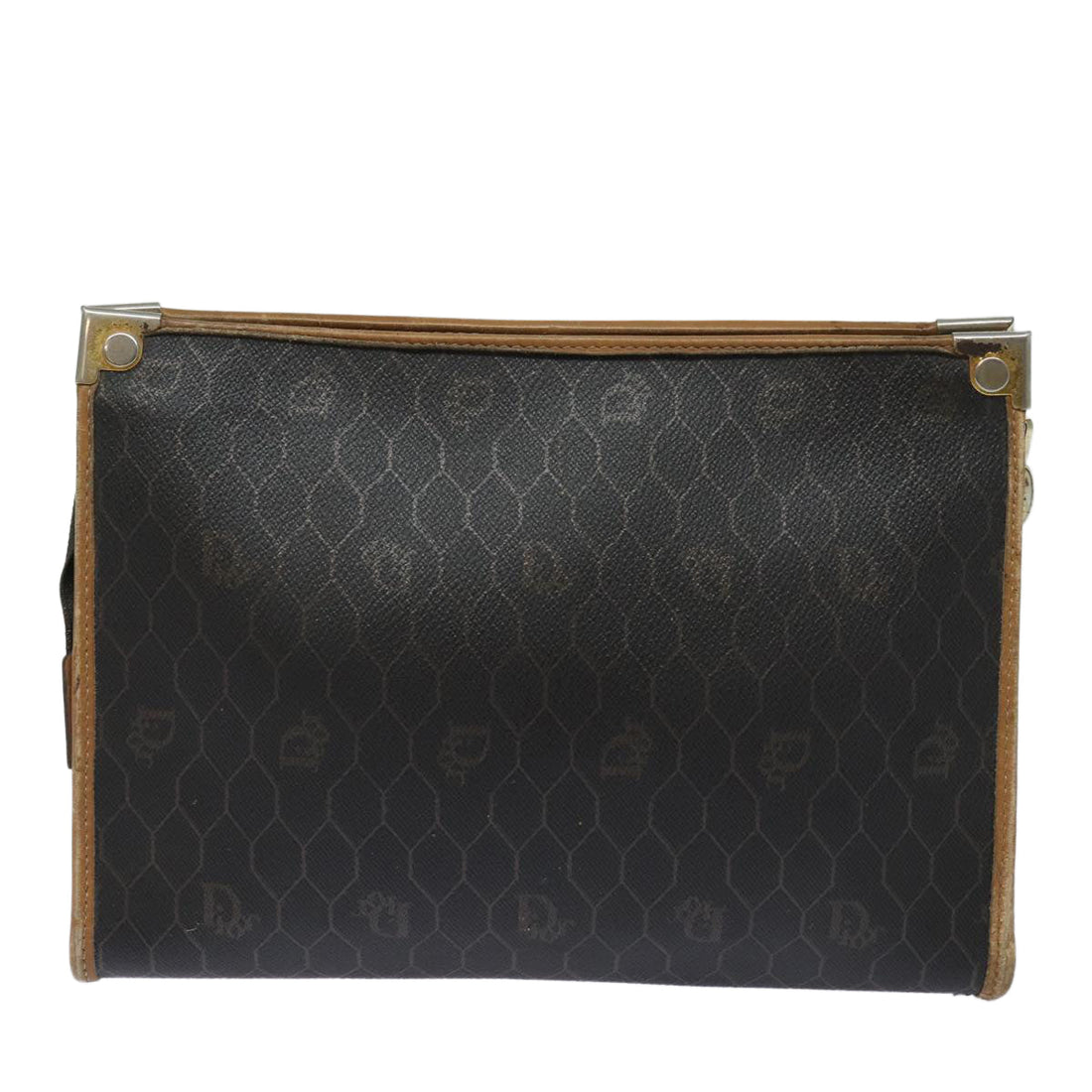 CHRISTIAN Top quality Dior Honeycomb Canvas Clutch Bag PVC Leather Black Brown Auth ti1770