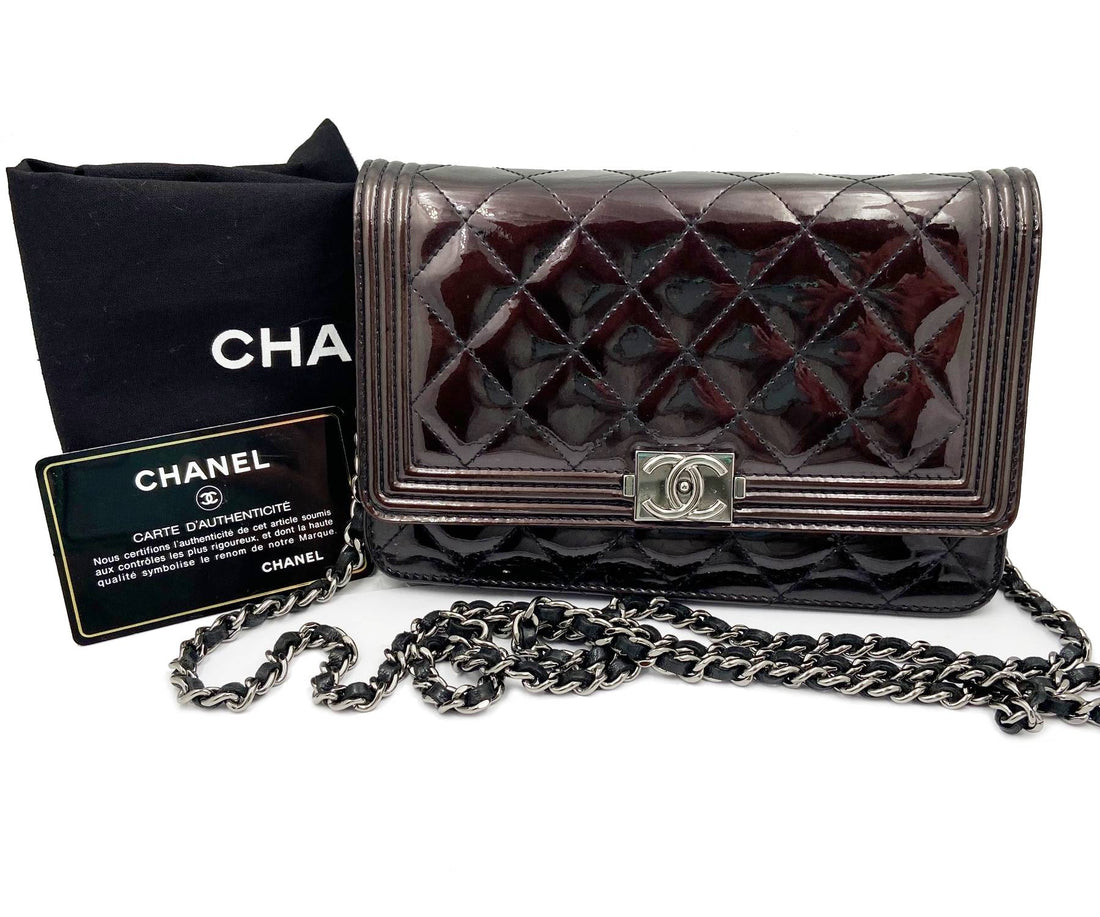 Top Quality Chanel Burgundy Patent Leather Boy Wallet on Chain WOC Crossbody Bag