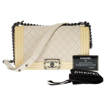 Chanel Boy medium shoulder bag in beige caviar & Yellow New 1:1 Rep leather, SHW