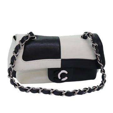 Chanel COCO Mark Chain Shoulder Bag Lamb Skin Black White CC Auth ykA