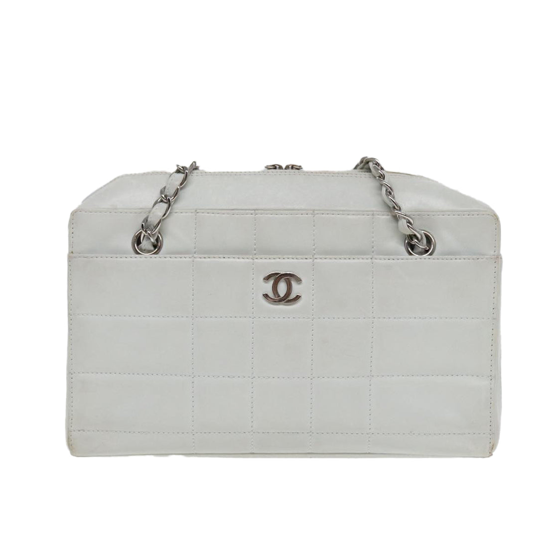 Chanel Choco Bar Chain Hand Bag Leather White Silver CC Auth yk